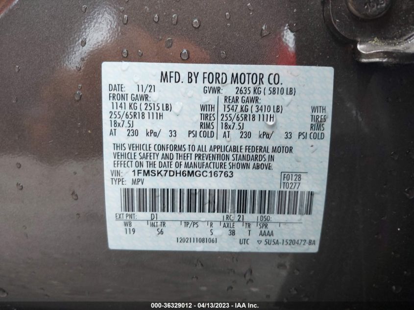 2021 FORD EXPLORER XLT - 1FMSK7DH6MGC16763