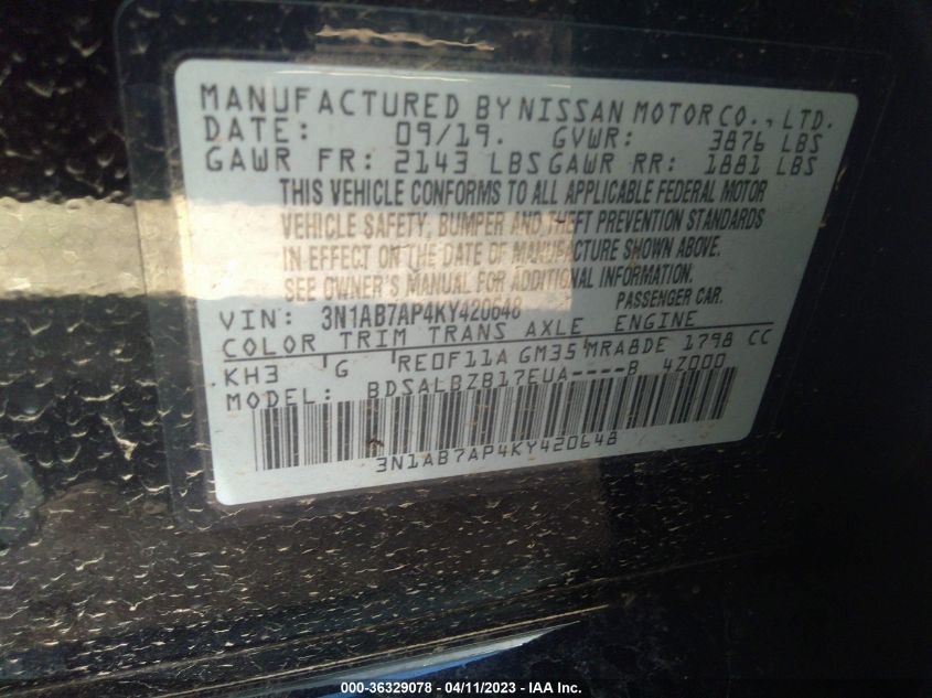 2019 NISSAN SENTRA S - 3N1AB7AP4KY420648