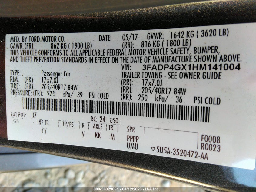 VIN 3FADP4GX1HM141004 2017 FORD FIESTA ST