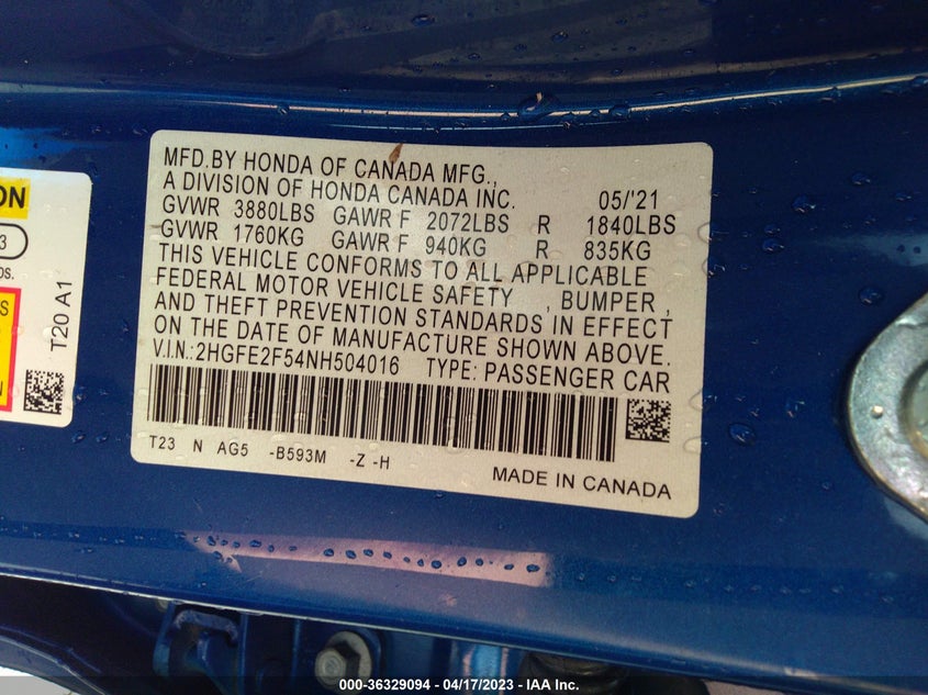 VIN 2HGFE2F54NH504016 2022 HONDA CIVIC SEDAN SPORT