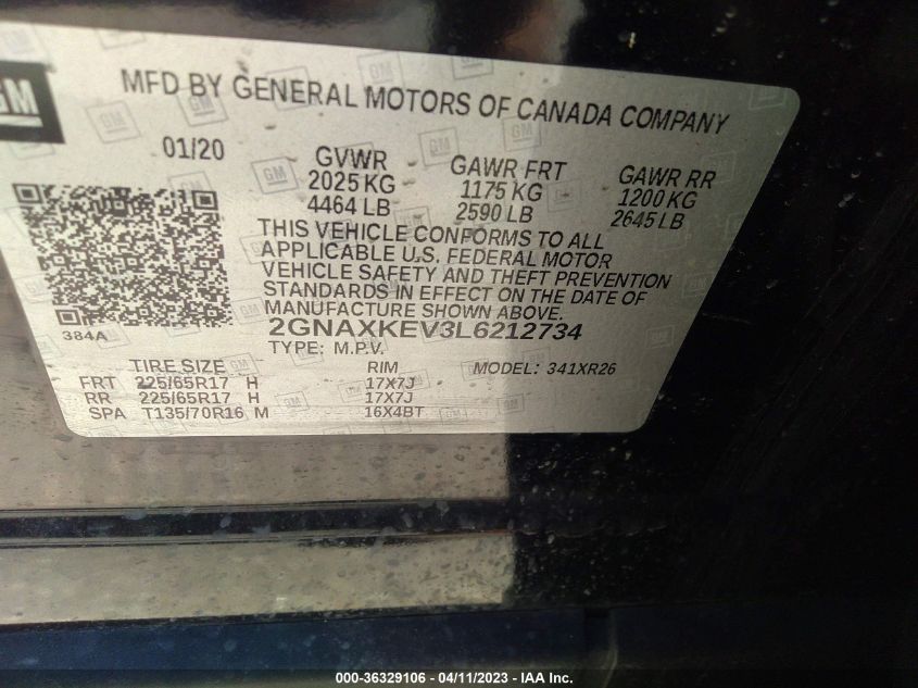 2020 CHEVROLET EQUINOX LT - 2GNAXKEV3L6212734