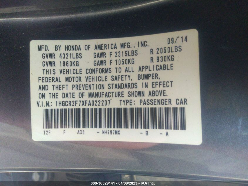 2015 HONDA ACCORD SEDAN EX - 1HGCR2F7XFA022207