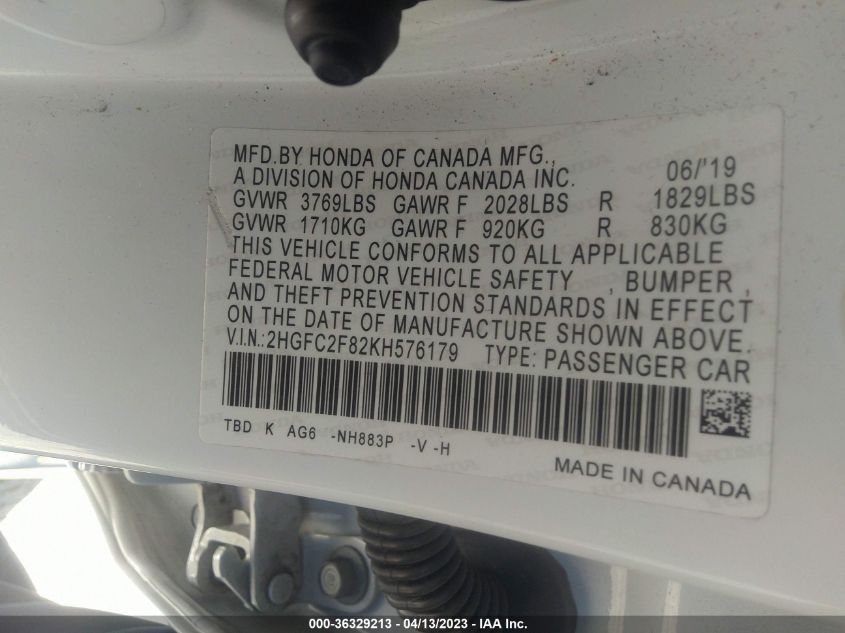 2019 HONDA CIVIC SEDAN SPORT - 2HGFC2F82KH576179
