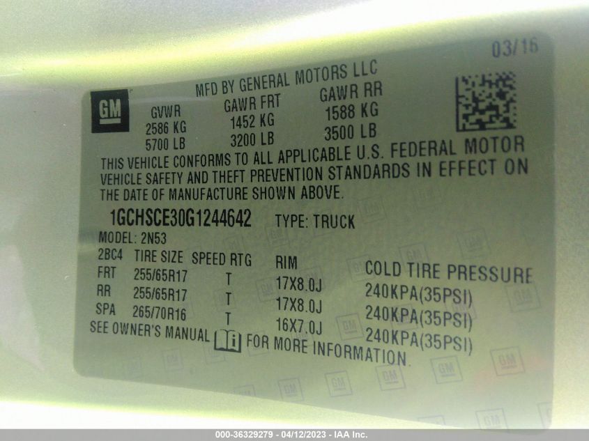2016 CHEVROLET COLORADO 2WD LT - 1GCHSCE30G1244642