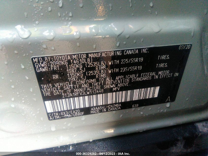 2020 TOYOTA RAV4 XLE PREMIUM - 2T3A1RFV3LW113448