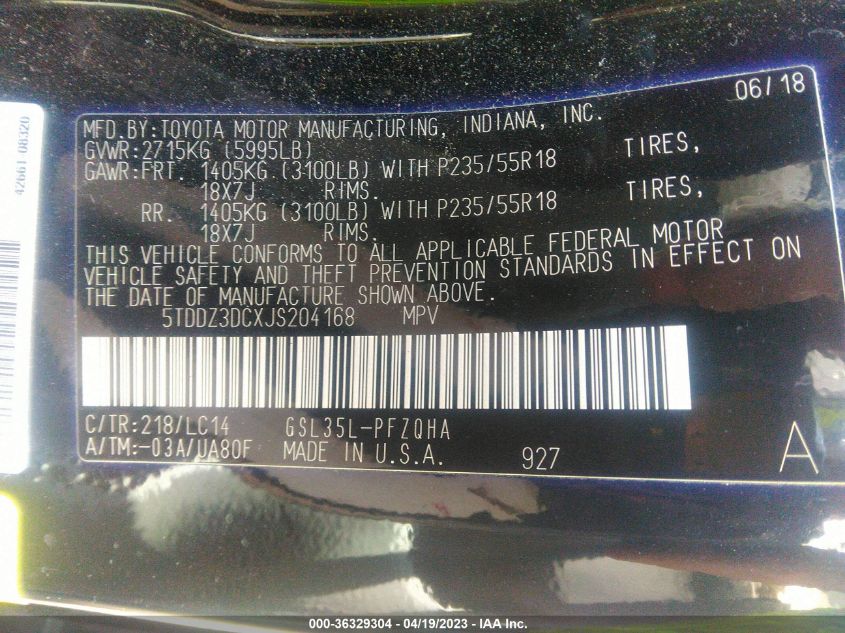 2018 TOYOTA SIENNA XLE - 5TDDZ3DCXJS204168