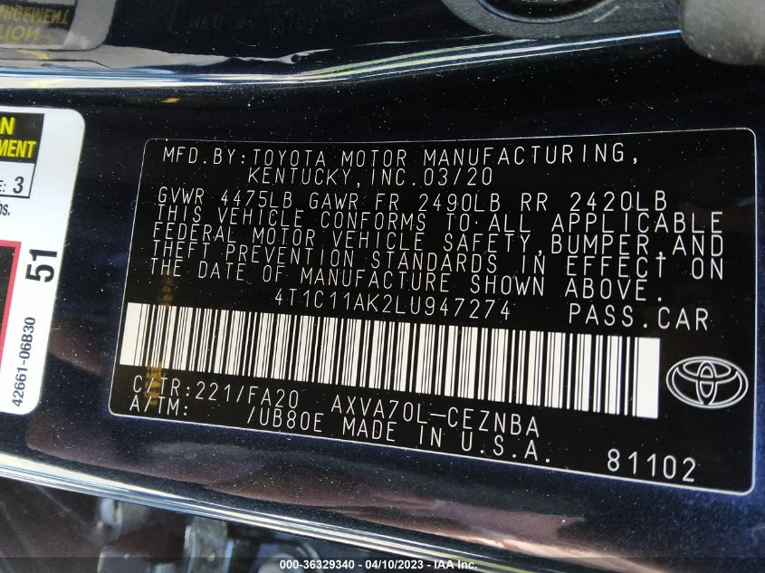 2020 TOYOTA CAMRY LE - 4T1C11AK2LU947274