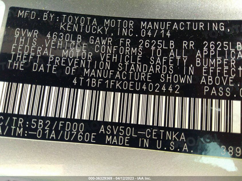 2014 TOYOTA CAMRY L/LE/XLE/SE/SE SPORT - 4T1BF1FK0EU402442