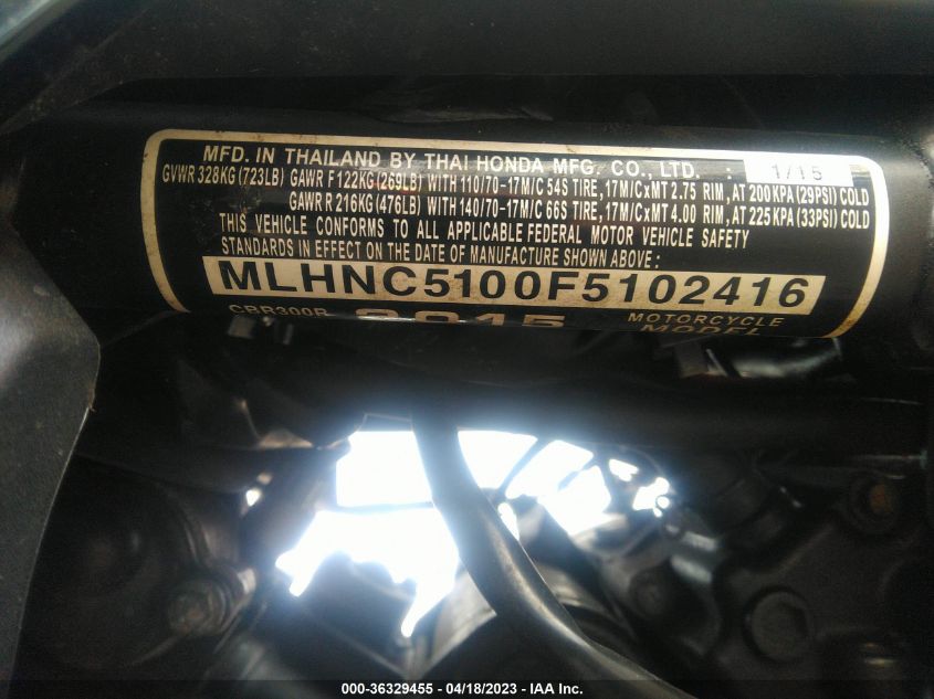 2015 HONDA CBR300 R MLHNC5100F5102416