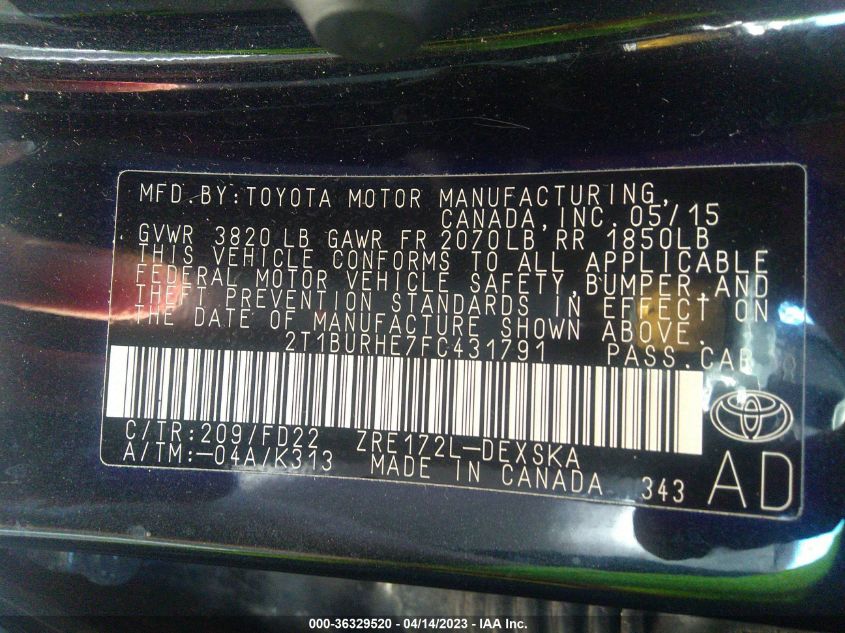 2015 TOYOTA COROLLA L/LE/S/S PLUS/LE PLUS - 2T1BURHE7FC431791