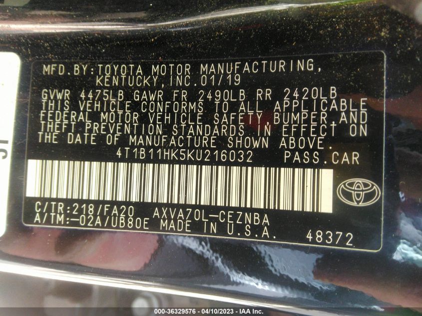 2019 TOYOTA CAMRY LE/SE/XLE/L - 4T1B11HK5KU216032