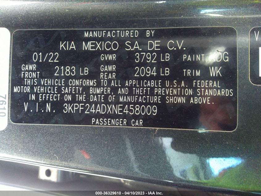 VIN 3KPF24ADXNE458009 2022 KIA FORTE LXS