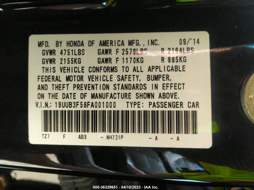 2015 ACURA TLX V6 TECH - 19UUB3F58FA001000