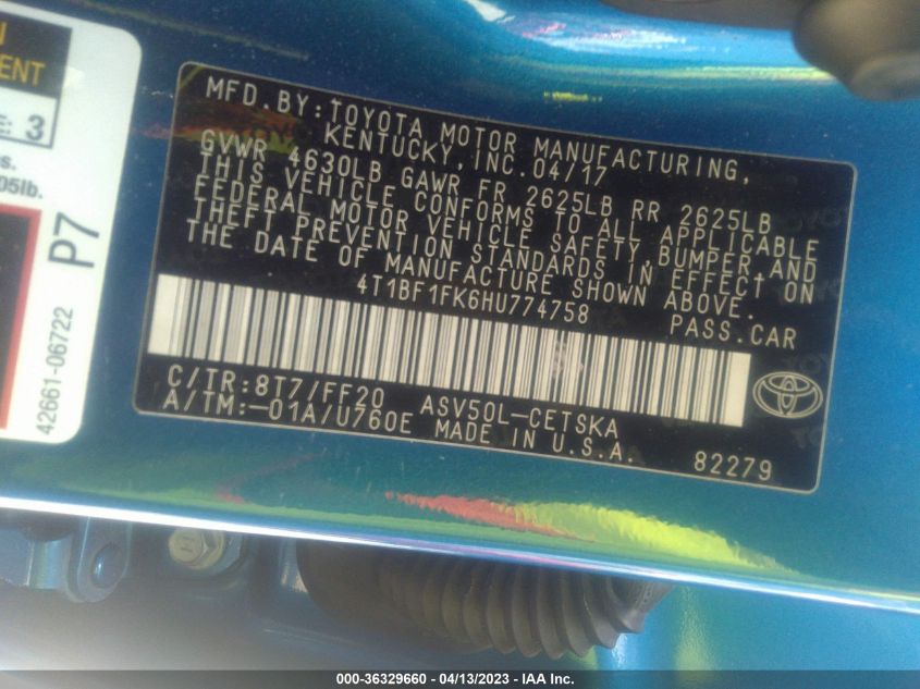 2017 TOYOTA CAMRY XLE/SE/LE/XSE - 4T1BF1FK6HU774758