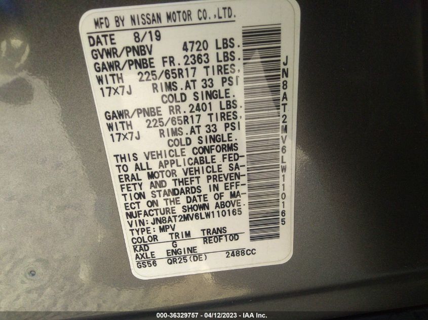 2020 NISSAN ROGUE SV - JN8AT2MV6LW110165