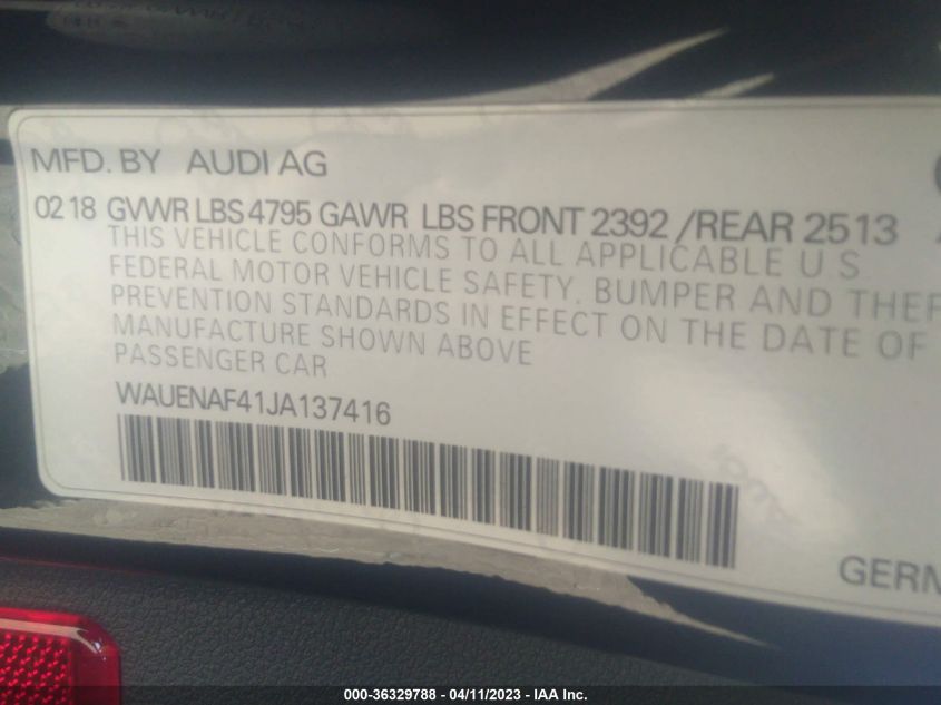 2018 AUDI A4 PREMIUM PLUS - WAUENAF41JA137416
