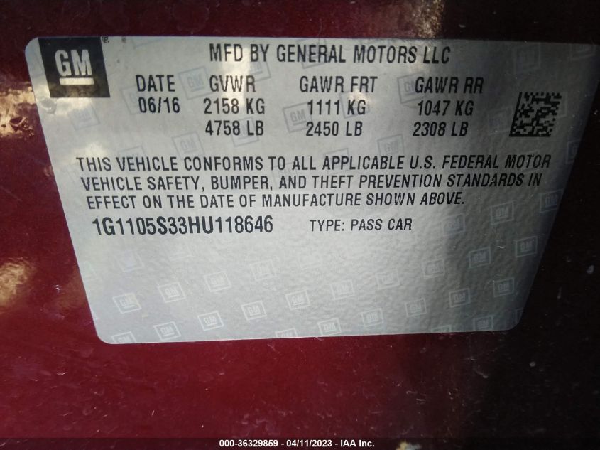 2017 CHEVROLET IMPALA LT - 1G1105S33HU118646