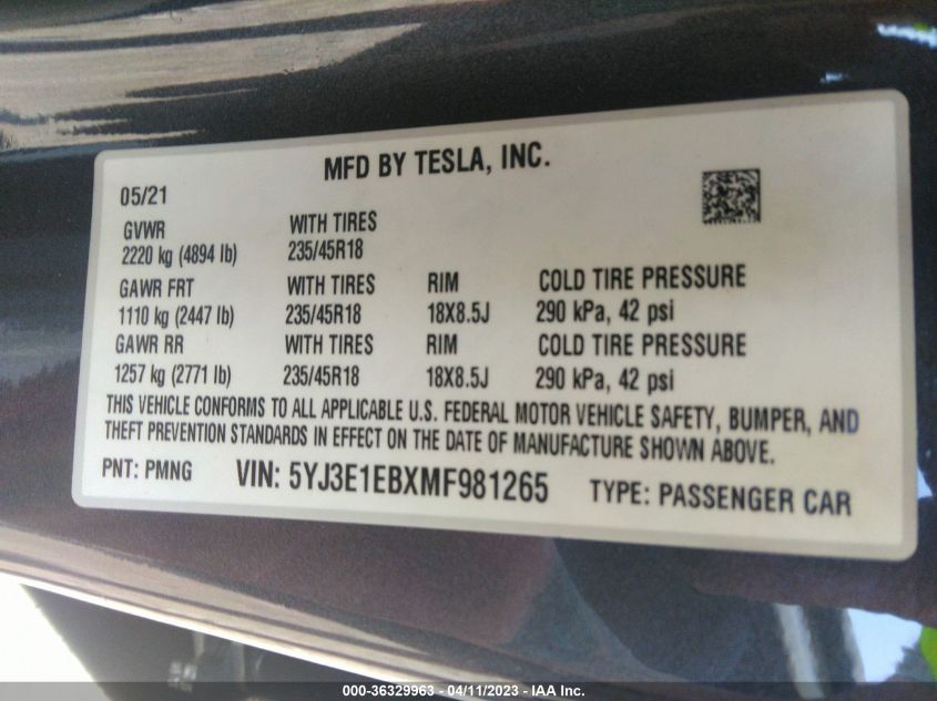 2021 TESLA MODEL 3 LONG RANGE - 5YJ3E1EBXMF981265