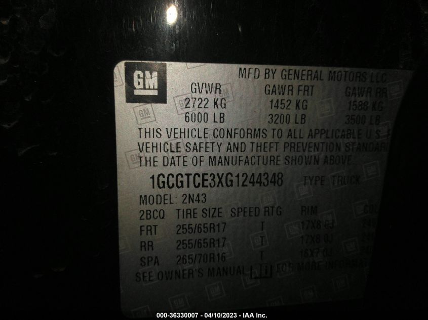 2016 CHEVROLET COLORADO 4WD LT - 1GCGTCE3XG1244348