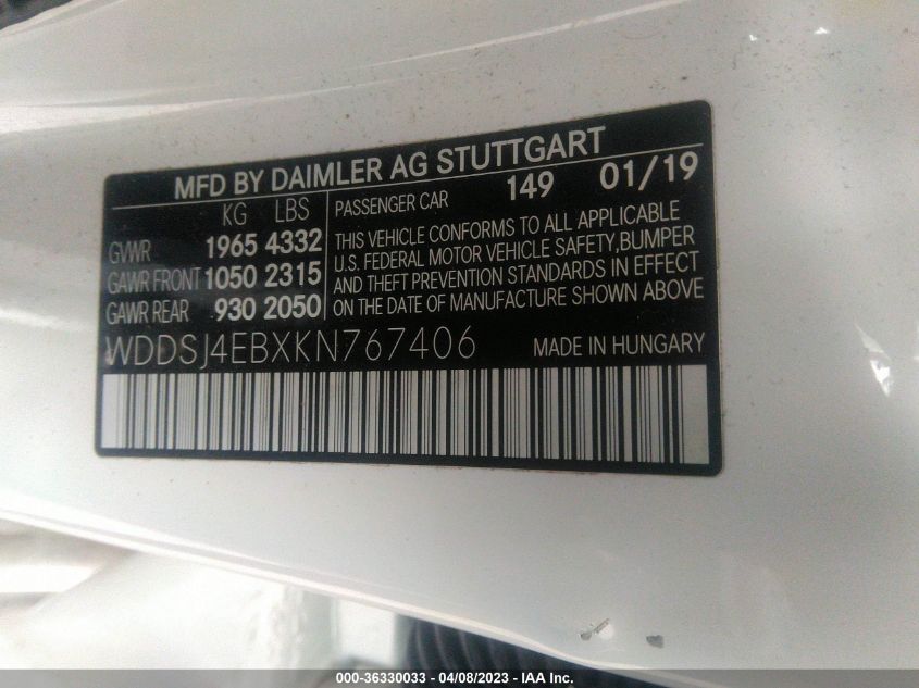 2019 MERCEDES-BENZ CLA CLA 250 - WDDSJ4EBXKN767406