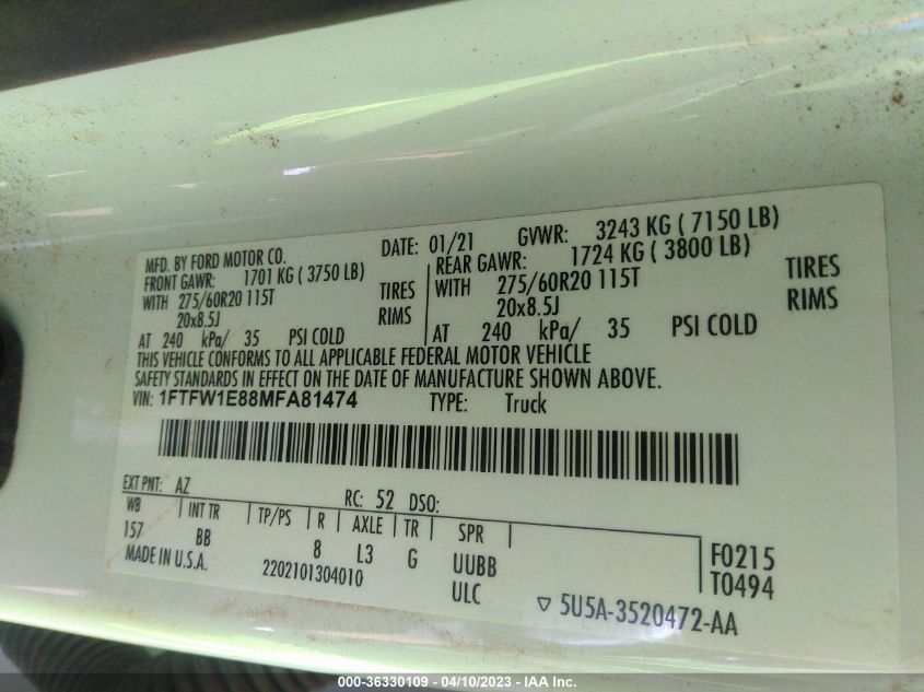 2021 FORD F-150 XL/XLT/LARIAT - 1FTFW1E88MFA81474