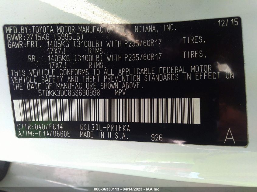 2016 TOYOTA SIENNA LE - 5TDKK3DC8GS690998