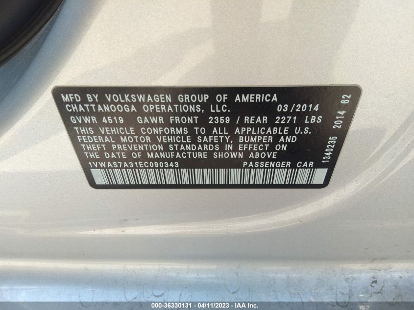 2014 VOLKSWAGEN PASSAT S - 1VWAS7A31EC090343