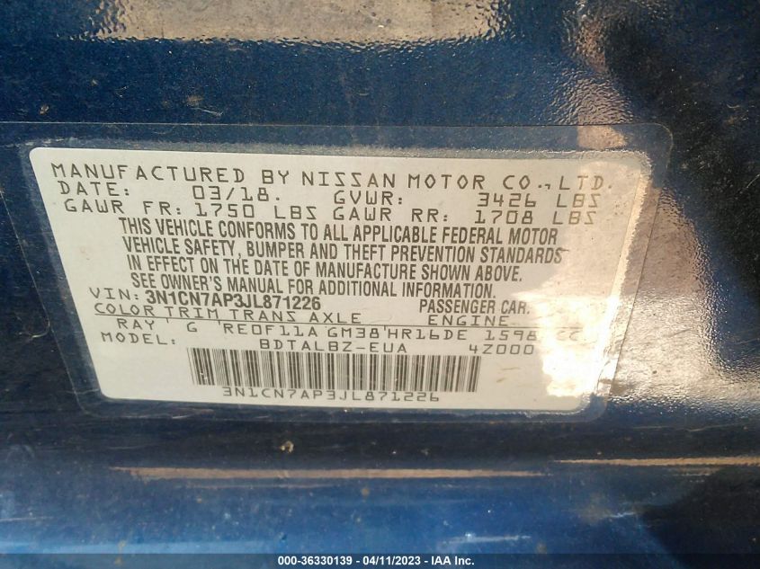 2018 NISSAN VERSA SEDAN SV - 3N1CN7AP3JL871226