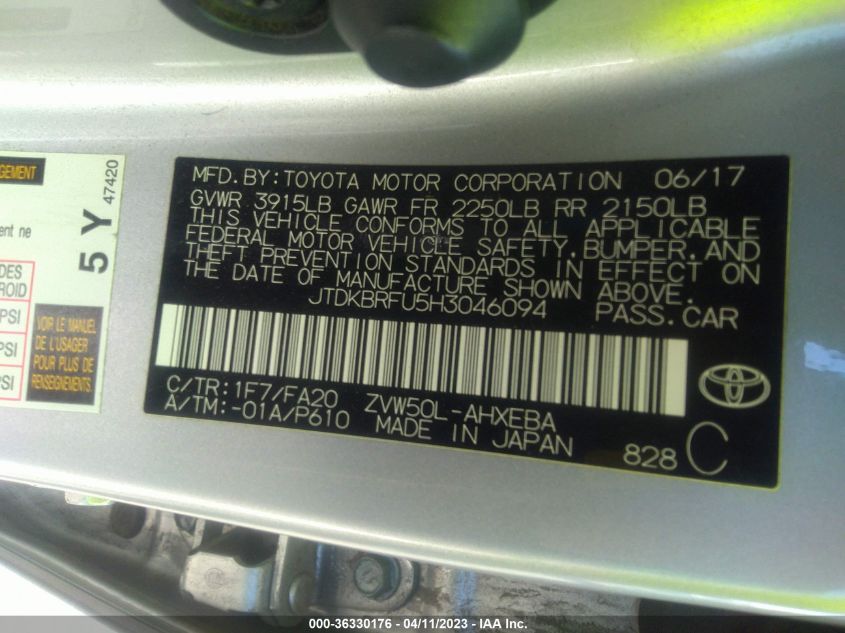 2017 TOYOTA PRIUS TWO/TWO ECO/THREE - JTDKBRFU5H3046094