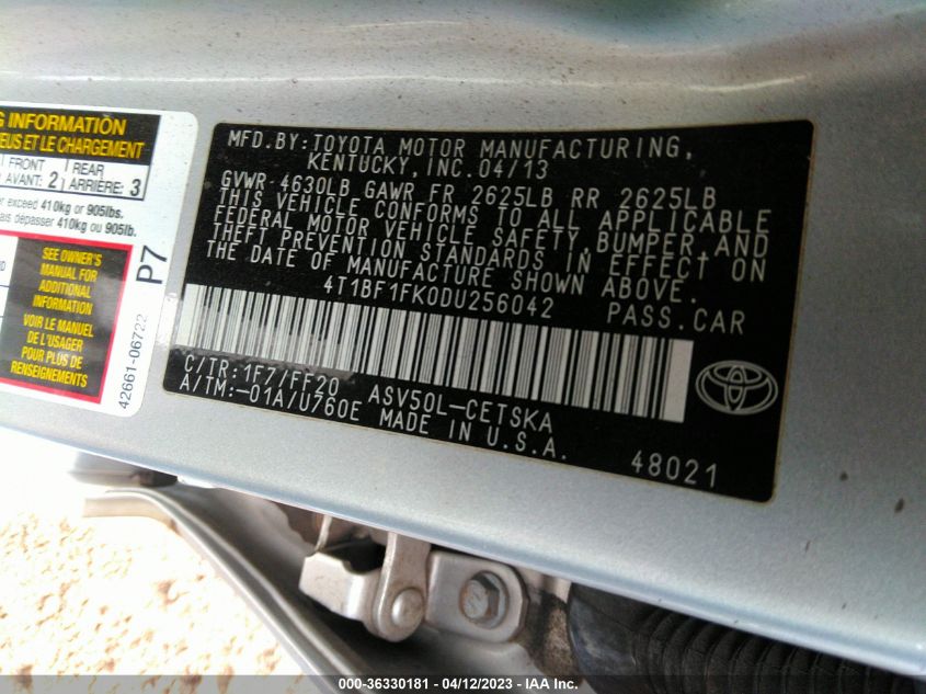 2013 TOYOTA CAMRY L/LE/SE/XLE - 4T1BF1FK0DU256042