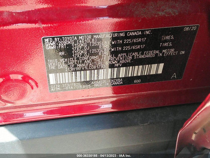 VIN 2T3H1RFV1LC081793 2020 TOYOTA RAV4 LE