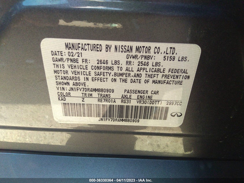 VIN JN1FV7DR4MM880909 2021 INFINITI Q50 RED SPORT 400