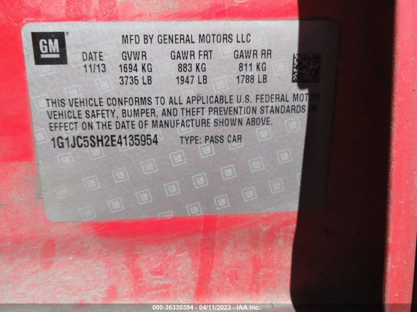 2014 CHEVROLET SONIC LT - 1G1JC5SH2E4135954