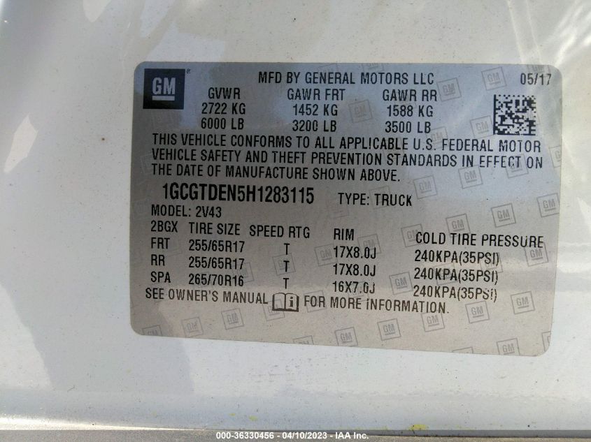 2017 CHEVROLET COLORADO 4WD Z71 - 1GCGTDEN5H1283115