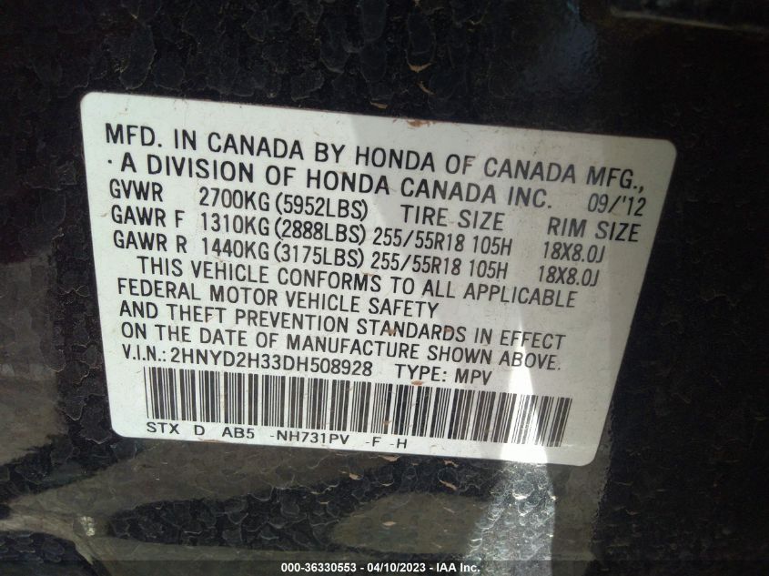 2013 ACURA MDX TECH PKG - 2HNYD2H33DH508928