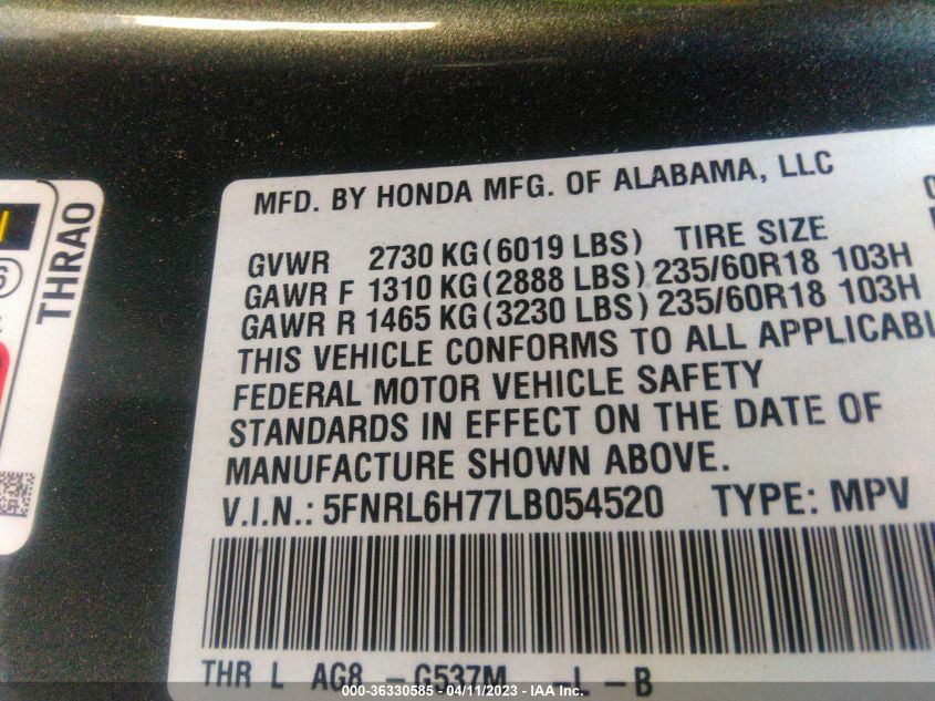2020 HONDA ODYSSEY EX-L - 5FNRL6H77LB054520