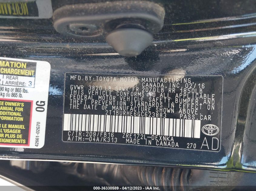 2016 TOYOTA COROLLA LE - 2T1BURHE6GC623883