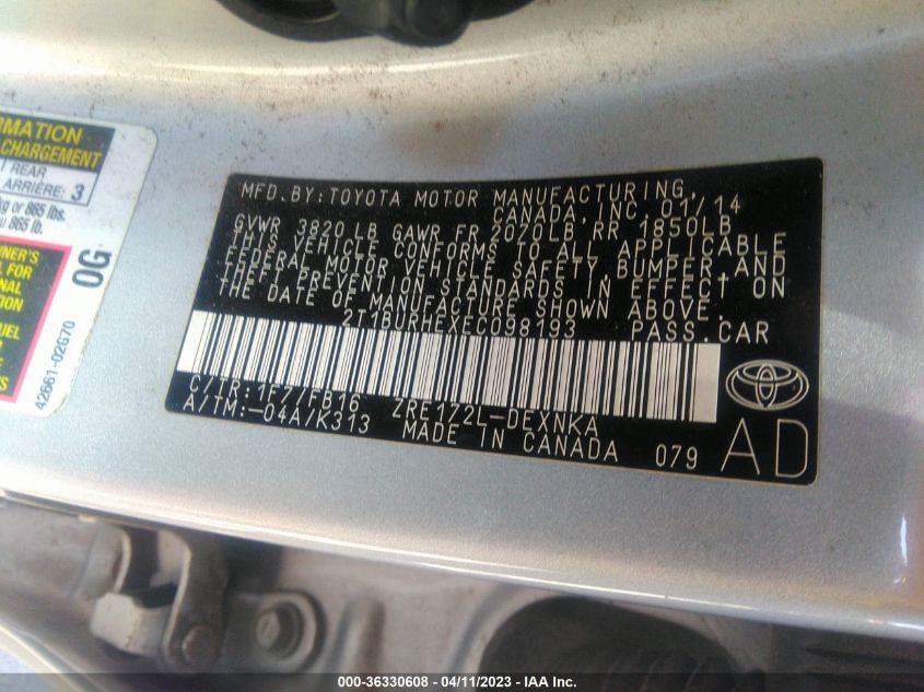 2014 TOYOTA COROLLA L/LE/S/S PLUS/LE PLUS - 2T1BURHEXEC098193