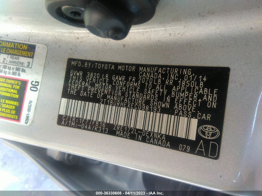 2014 TOYOTA COROLLA L/LE/S/S PLUS/LE PLUS - 2T1BURHEXEC098193