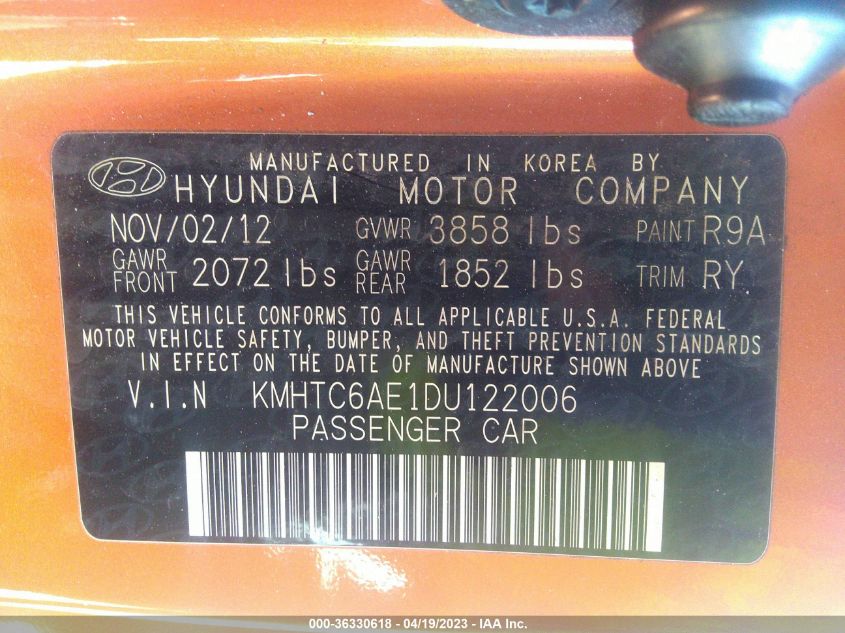 2013 HYUNDAI VELOSTER TURBO W/BLACK INT - KMHTC6AE1DU122006
