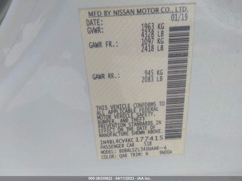 2019 NISSAN ALTIMA 2.5 SR - 1N4BL4CV4KC177415