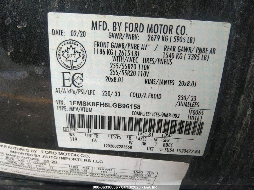 2020 FORD EXPLORER LIMITED - 1FMSK8FH6LGB96158
