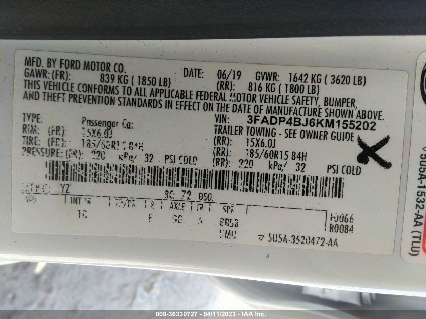 2019 FORD FIESTA SE - 3FADP4BJ6KM155202