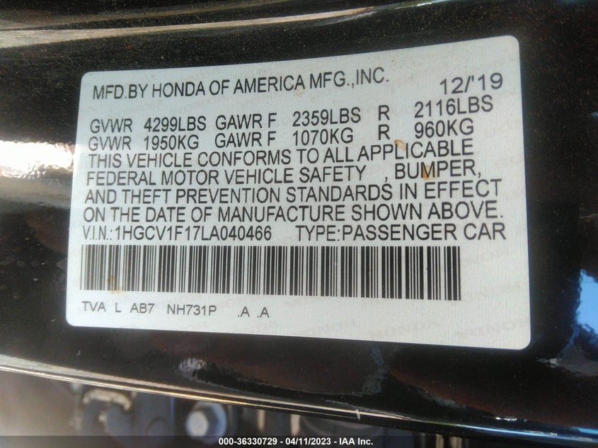 VIN 1HGCV1F17LA040466 2020 HONDA ACCORD SEDAN LX