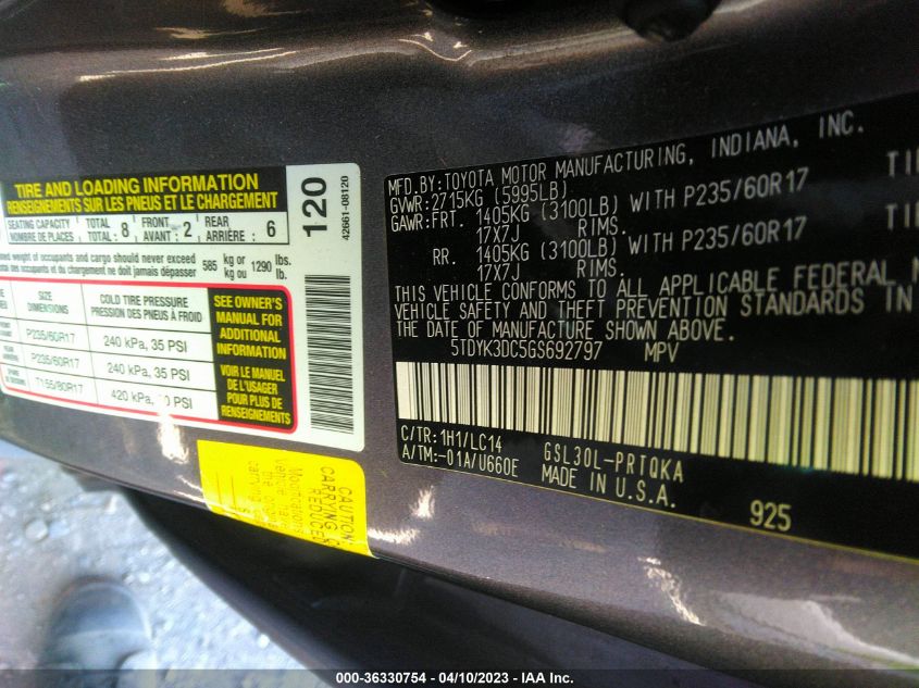 2016 TOYOTA SIENNA XLE/XLE AAS/LTD - 5TDYK3DC5GS692797