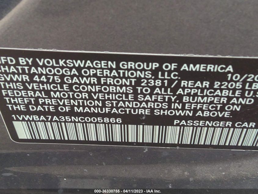 2022 VOLKSWAGEN PASSAT 2.0T LIMITED EDITION - 1VWBA7A35NC005866