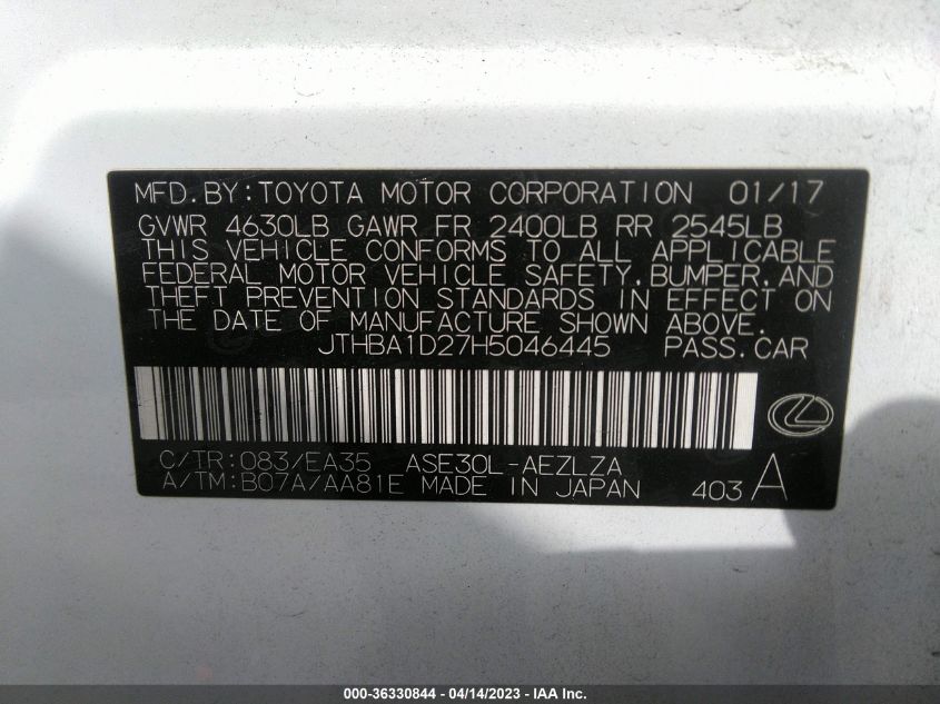 2017 LEXUS IS IS TURBO - JTHBA1D27H5046445
