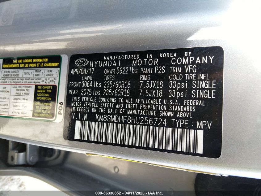 2017 HYUNDAI SANTA FE SE - KM8SMDHF8HU256724