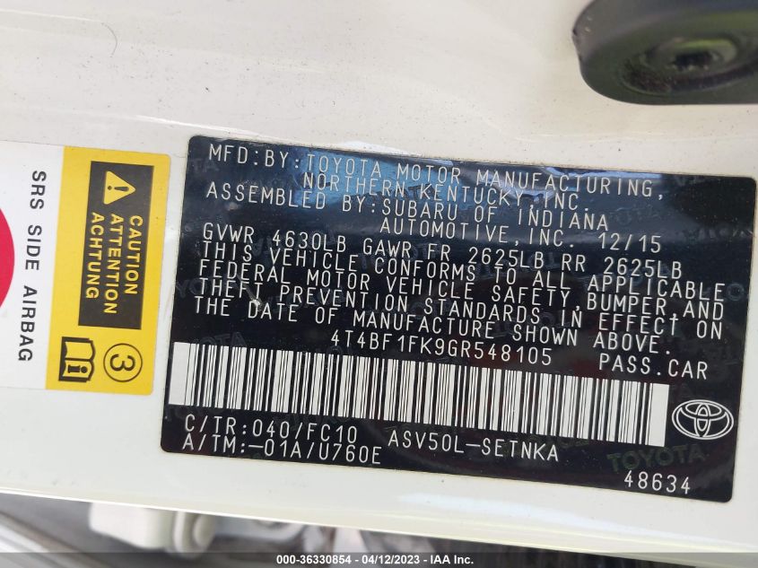2016 TOYOTA CAMRY XLE/SE/LE/XSE - 4T4BF1FK9GR548105