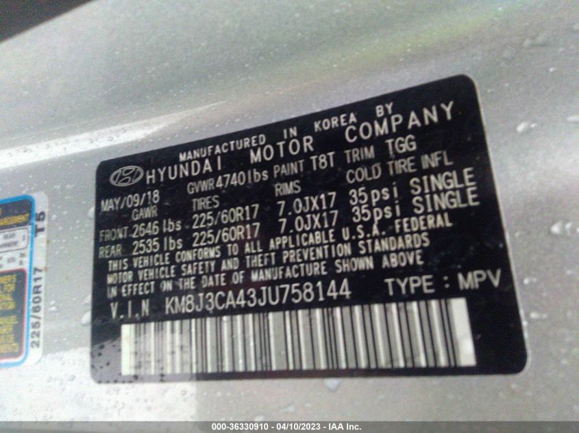 2018 HYUNDAI TUCSON SEL - KM8J3CA43JU758144